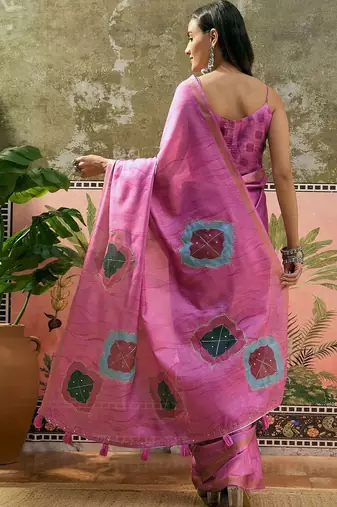 Pink ethnic motifs embroidered  cotton saree