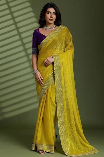 Lime beads stones silk chiffon party sarees