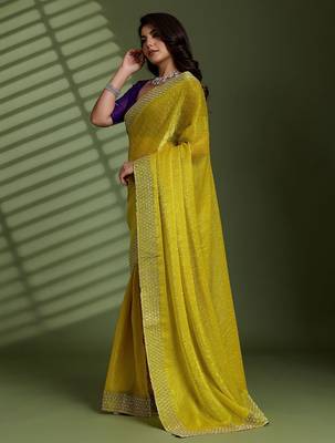 Lime beads stones silk chiffon party sarees 2