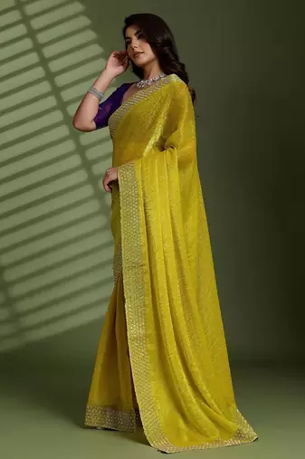 Lime beads stones silk chiffon party sarees