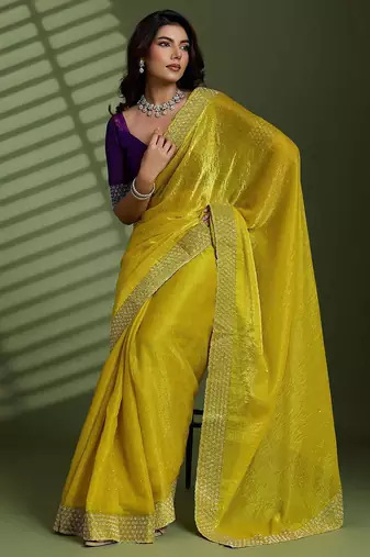 Lime beads stones silk chiffon party sarees