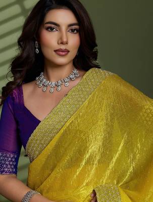 Lime beads stones silk chiffon party sarees 5