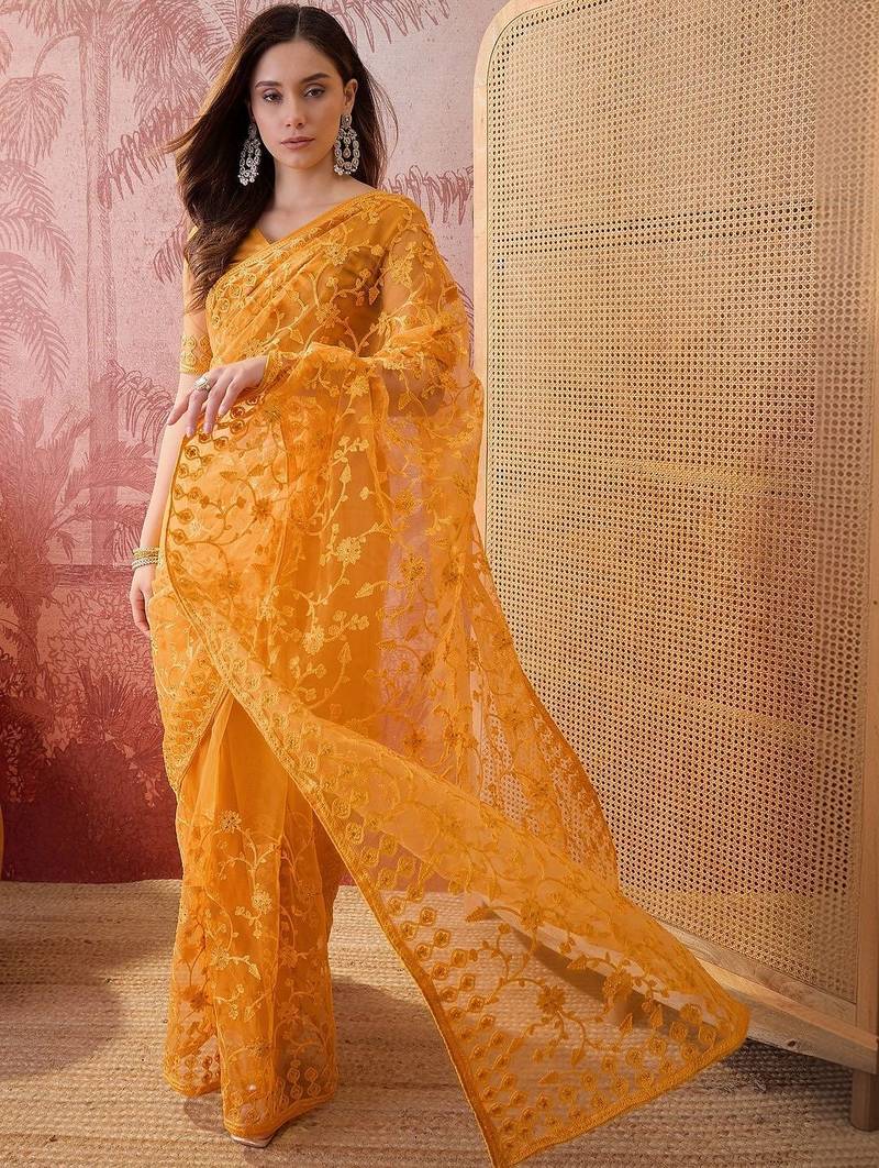 Mustard embroidered  sarees