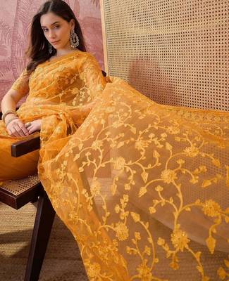Mustard embroidered  sarees 2