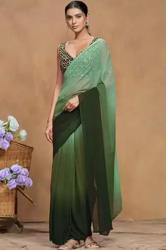 Green ombre sequinned  georgette designer saree