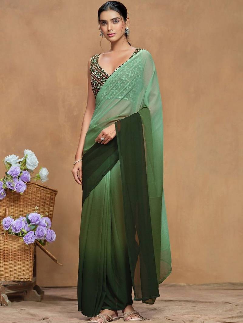 Green ombre sequinned  georgette designer saree
