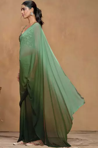 Green ombre sequinned  georgette designer saree