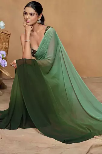 Green ombre sequinned  georgette designer saree