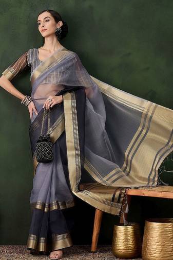 Grey woven design saree with blouse piece