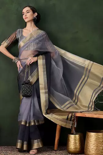 Grey woven design saree with blouse piece