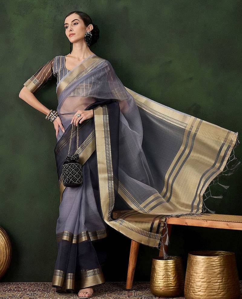 Grey woven design saree with blouse piece