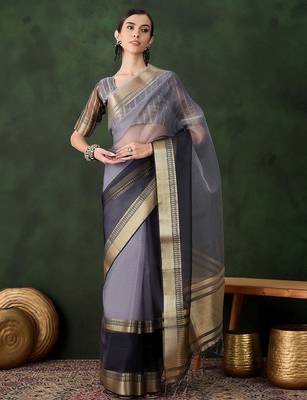 Grey woven design saree with blouse piece 2