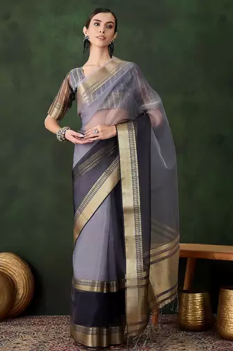 Grey woven design saree with blouse piece