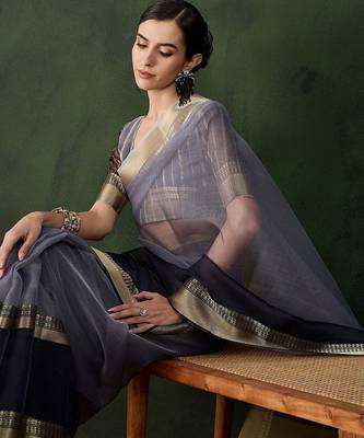 Grey woven design saree with blouse piece 5