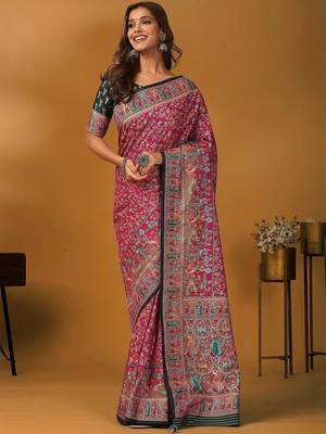 Pink position printed ethnic motifs banarasi saree with matching blouse 1