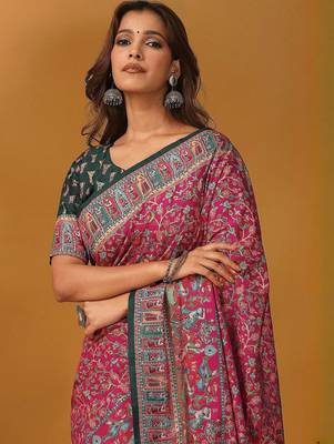Pink position printed ethnic motifs banarasi saree with matching blouse 2