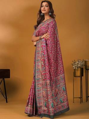 Pink position printed ethnic motifs banarasi saree with matching blouse 3