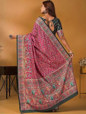 Pink position printed ethnic motifs banarasi saree with matching blouse 4