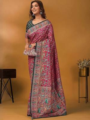 Pink position printed ethnic motifs banarasi saree with matching blouse 5