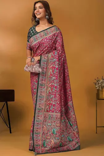 Pink position printed ethnic motifs banarasi saree with matching blouse