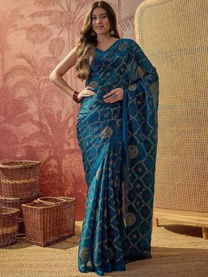 Teal printed sarees with blouse piece 1