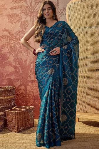 Teal printed sarees with blouse piece