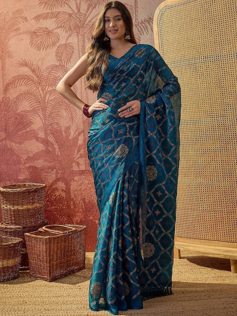 Teal printed sarees with blouse piece
