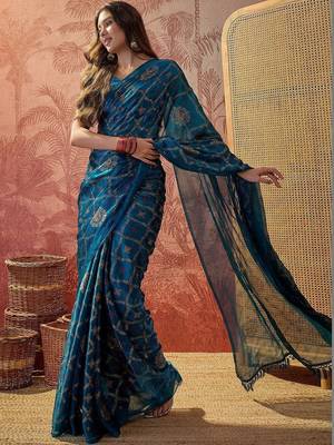 Teal printed sarees with blouse piece 2