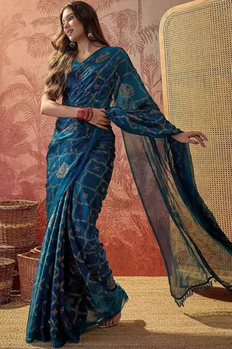 Teal printed sarees with blouse piece