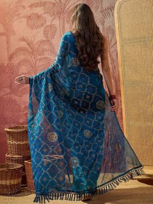 Teal printed sarees with blouse piece 3