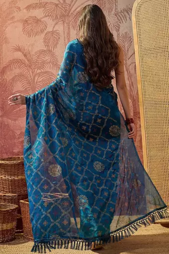 Teal printed sarees with blouse piece