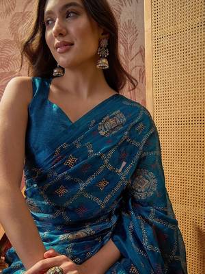 Teal printed sarees with blouse piece 4
