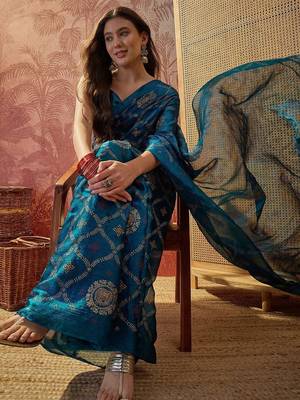 Teal printed sarees with blouse piece 5
