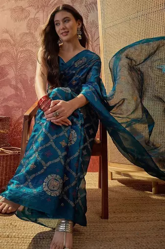 Teal printed sarees with blouse piece