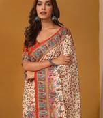 Cream ethnic motifs printed banarasi saree with unstitched blouse piece