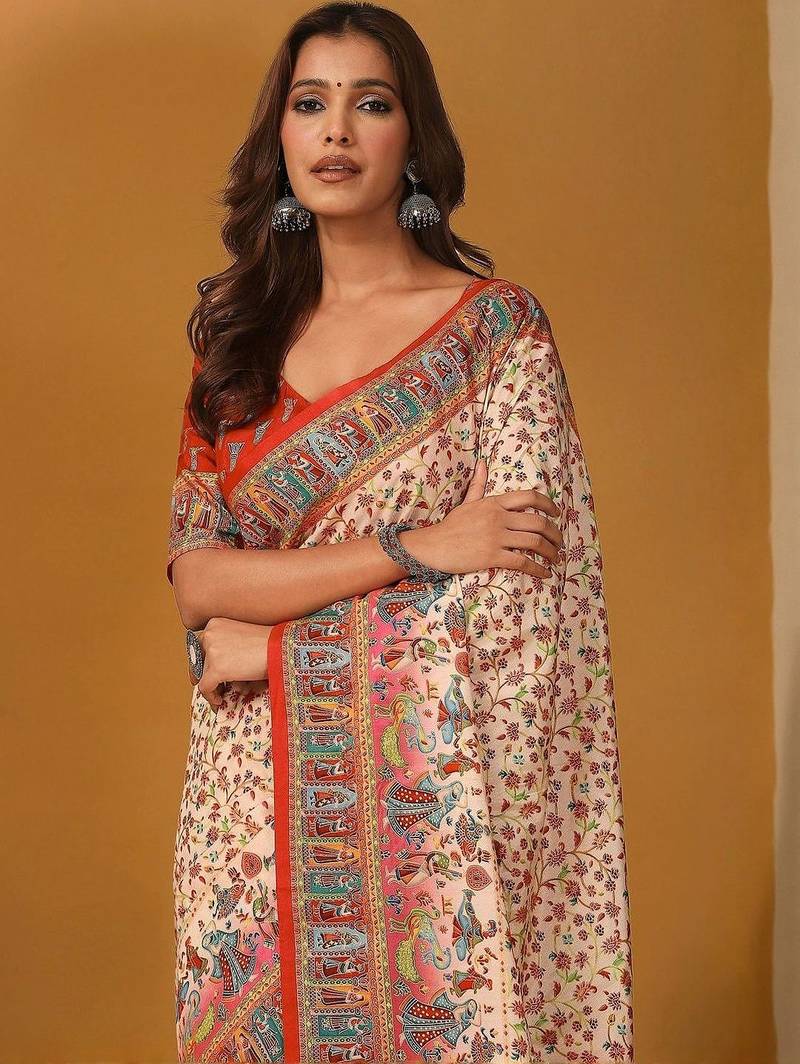 Cream ethnic motifs printed banarasi saree with unstitched blouse piece