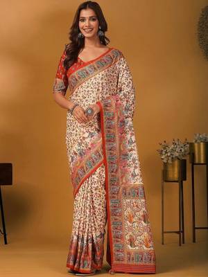 Cream ethnic motifs printed banarasi saree with unstitched blouse piece 2