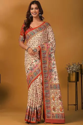 Cream ethnic motifs printed banarasi saree with unstitched blouse piece