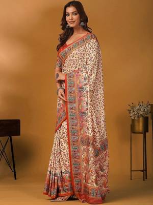 Cream ethnic motifs printed banarasi saree with unstitched blouse piece 3
