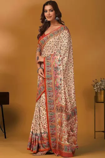 Cream ethnic motifs printed banarasi saree with unstitched blouse piece