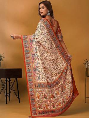 Cream ethnic motifs printed banarasi saree with unstitched blouse piece 4