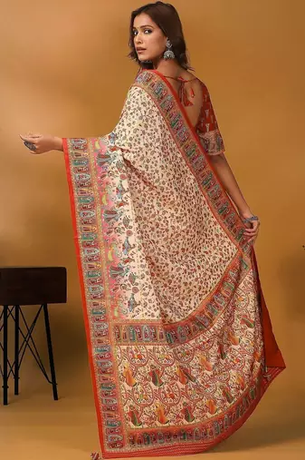 Cream ethnic motifs printed banarasi saree with unstitched blouse piece