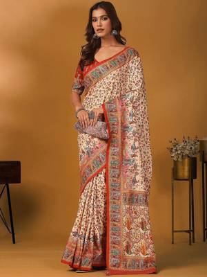 Cream ethnic motifs printed banarasi saree with unstitched blouse piece 5