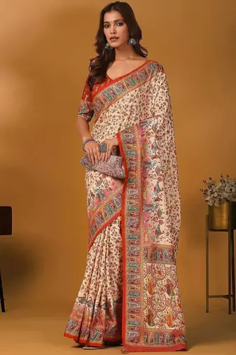 Cream ethnic motifs printed banarasi saree with unstitched blouse piece
