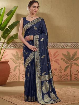 Blue woven design art silk banarasi sarees with unstitched blouse piece 1