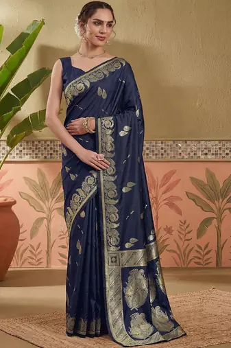 Blue woven design art silk banarasi sarees with unstitched blouse piece