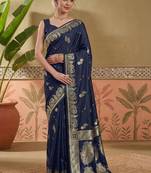Blue woven design art silk banarasi sarees with unstitched blouse piece