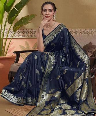 Blue woven design art silk banarasi sarees with unstitched blouse piece 2