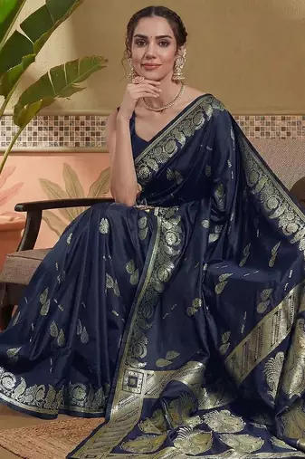 Blue woven design art silk banarasi sarees with unstitched blouse piece