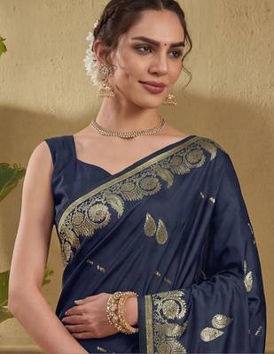 Blue woven design art silk banarasi sarees with unstitched blouse piece 3